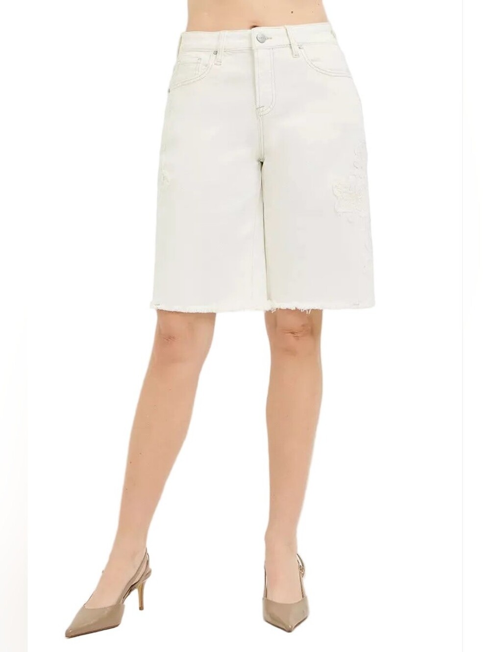 Risen Floral Embroidered Relaxed Fit Bermuda Baggy Jorts Long Cream Denim Shorts - Picture 13 of 13